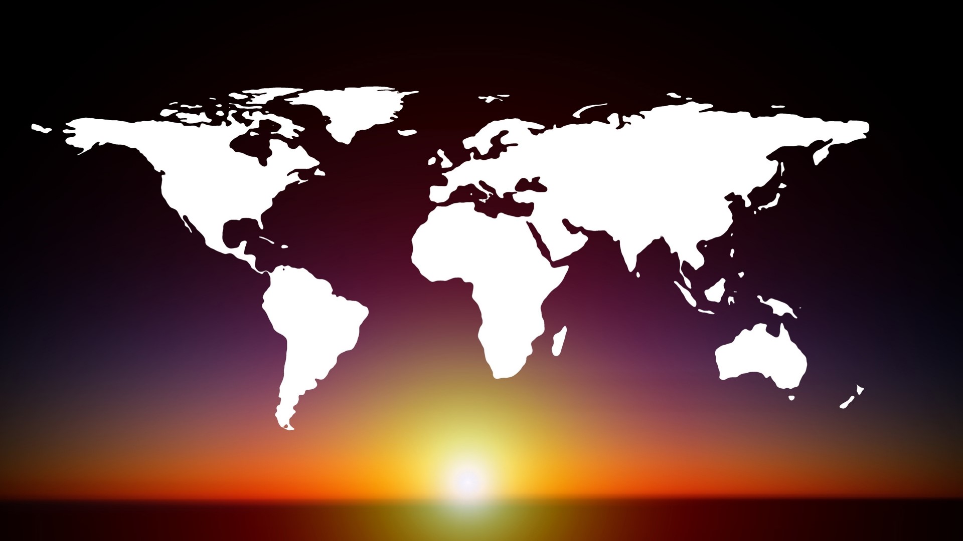 World map silhouette over a sunset HD Wallpaper