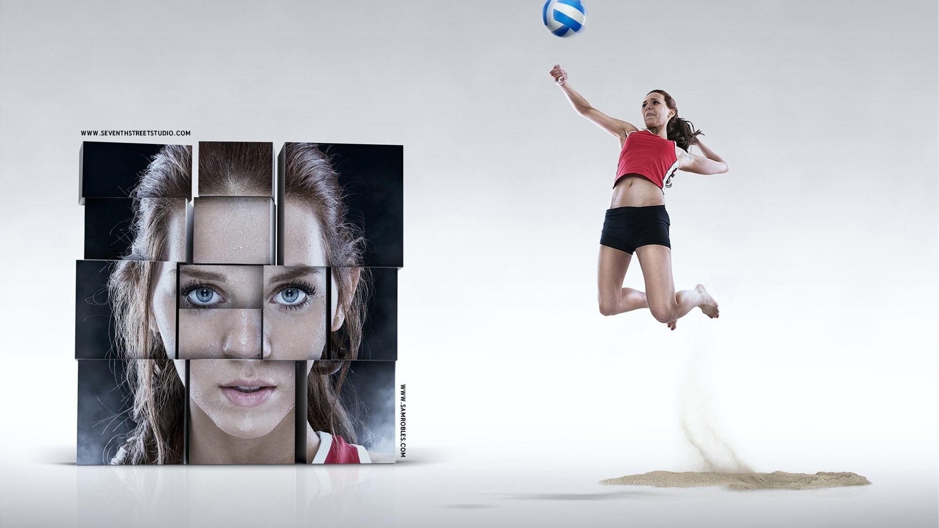 Woman playing volleyball, face composed of cubes HD Wallpaper