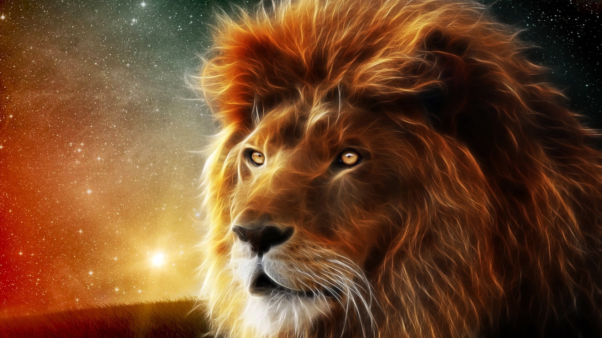 Lion with a Fiery Mane in a Starry Sky HD Wallpaper