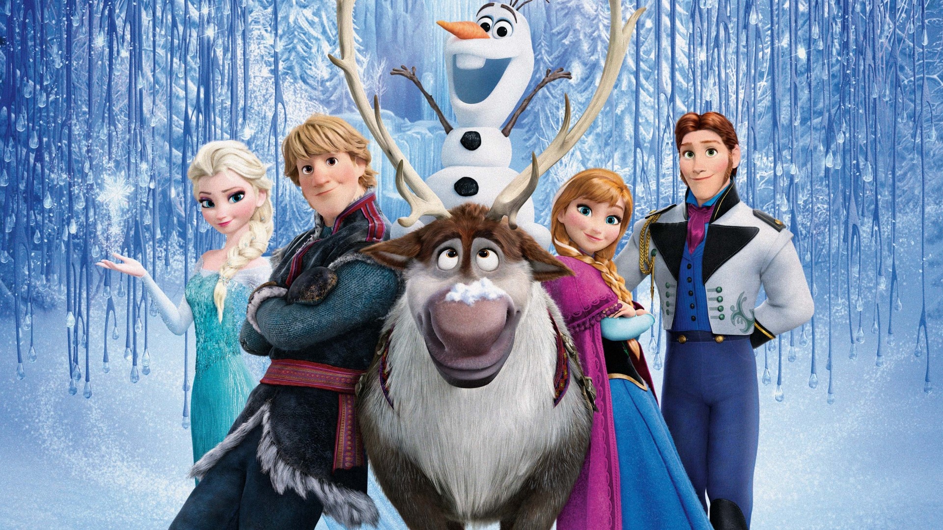 Frozen characters Elsa, Kristoff, Anna, Olaf, and Sven HD Wallpaper