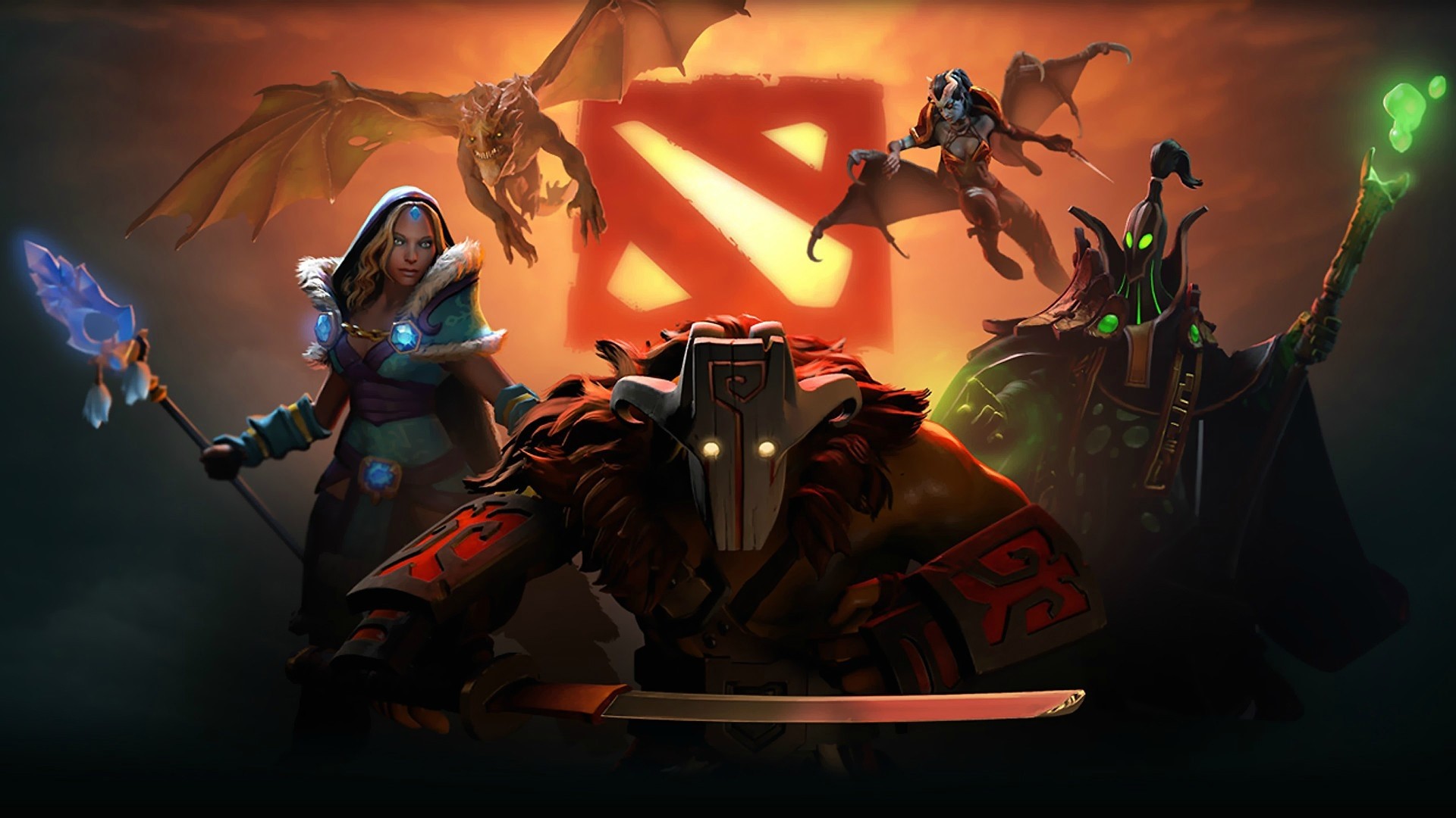 Dota 2 characters with Dota 2 logo HD Wallpaper