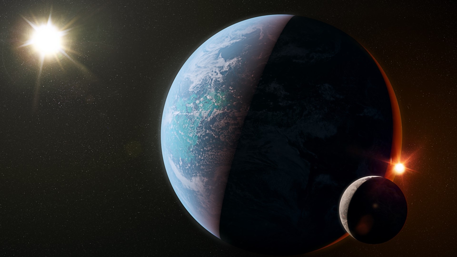 Exoplanet with moon and sun HD Wallpaper