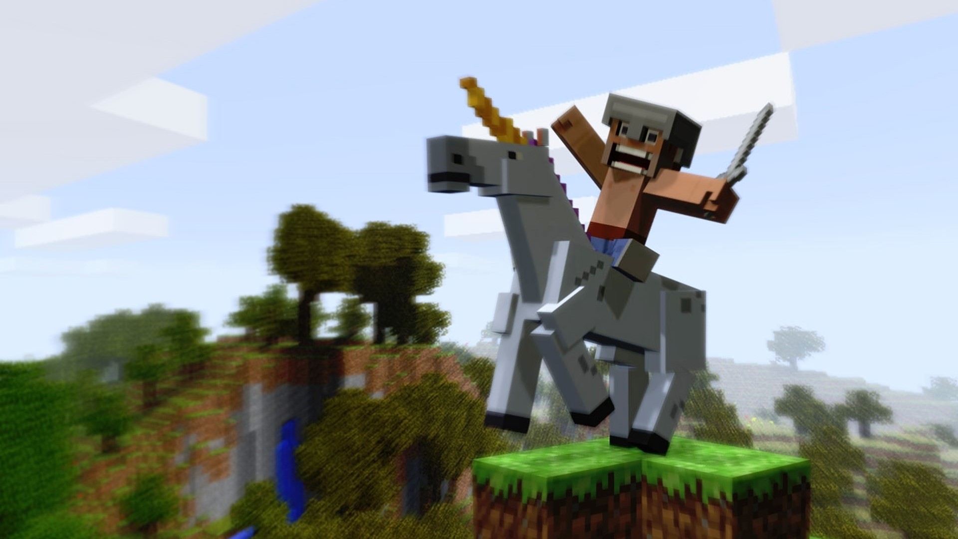 Minecraft character riding a unicorn with a sword HD Wallpaper