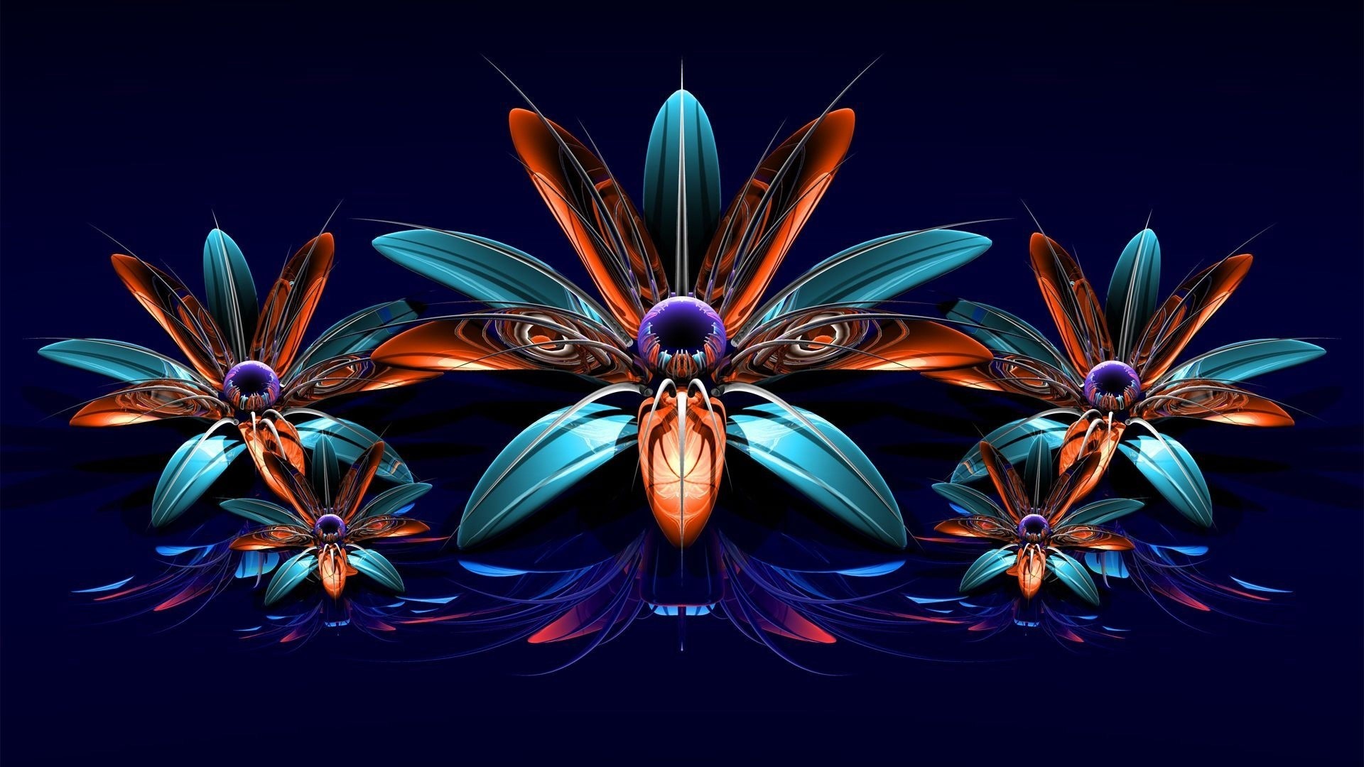 3D Fractal Flowers with Blue and Orange Petals HD Wallpaper