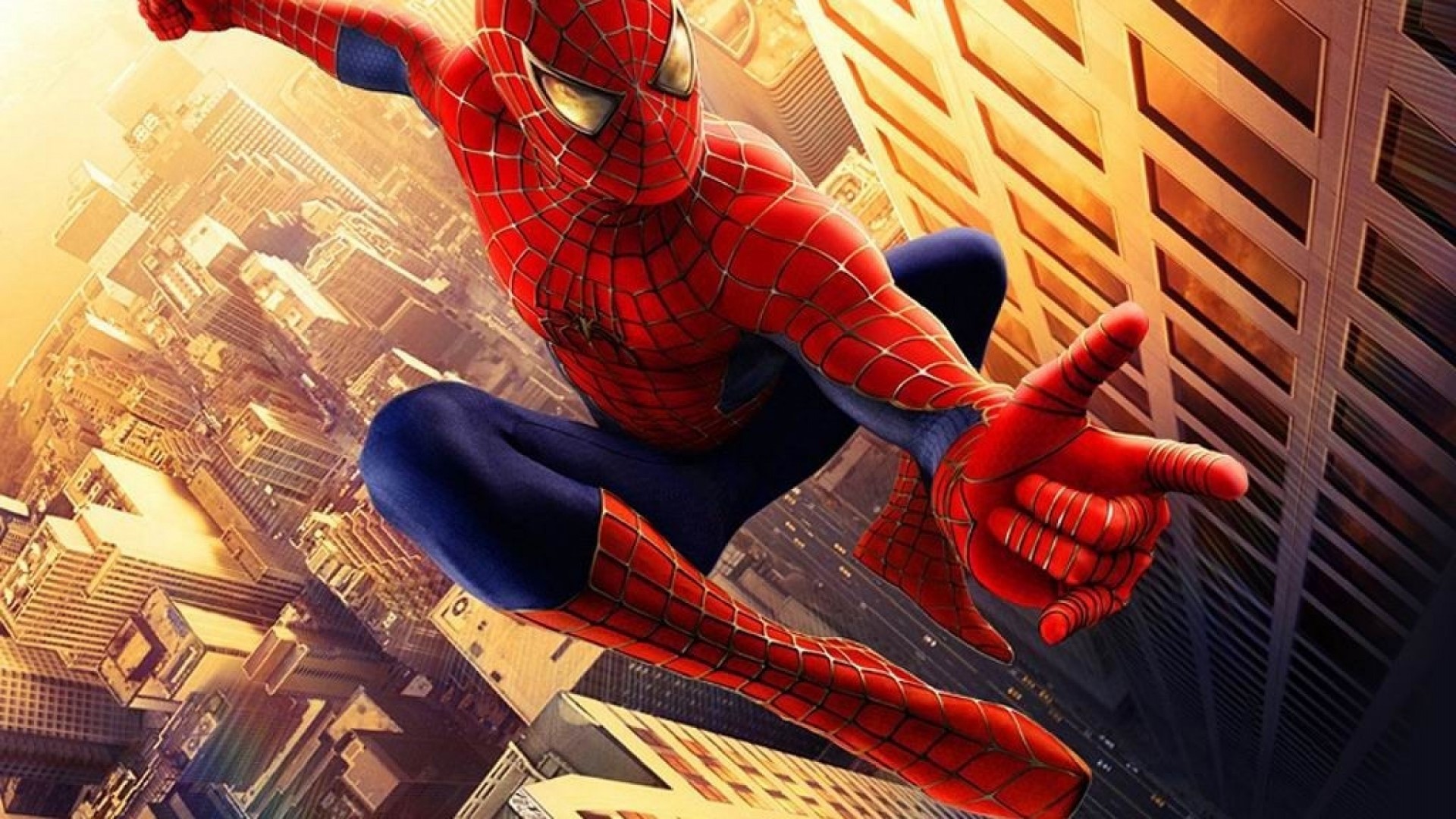 Spiderman swinging through a city HD Wallpaper