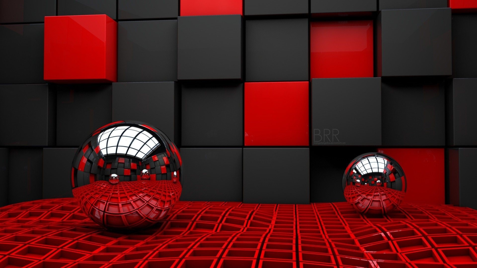 3D Red and Black Cubes with Spheres HD Wallpaper