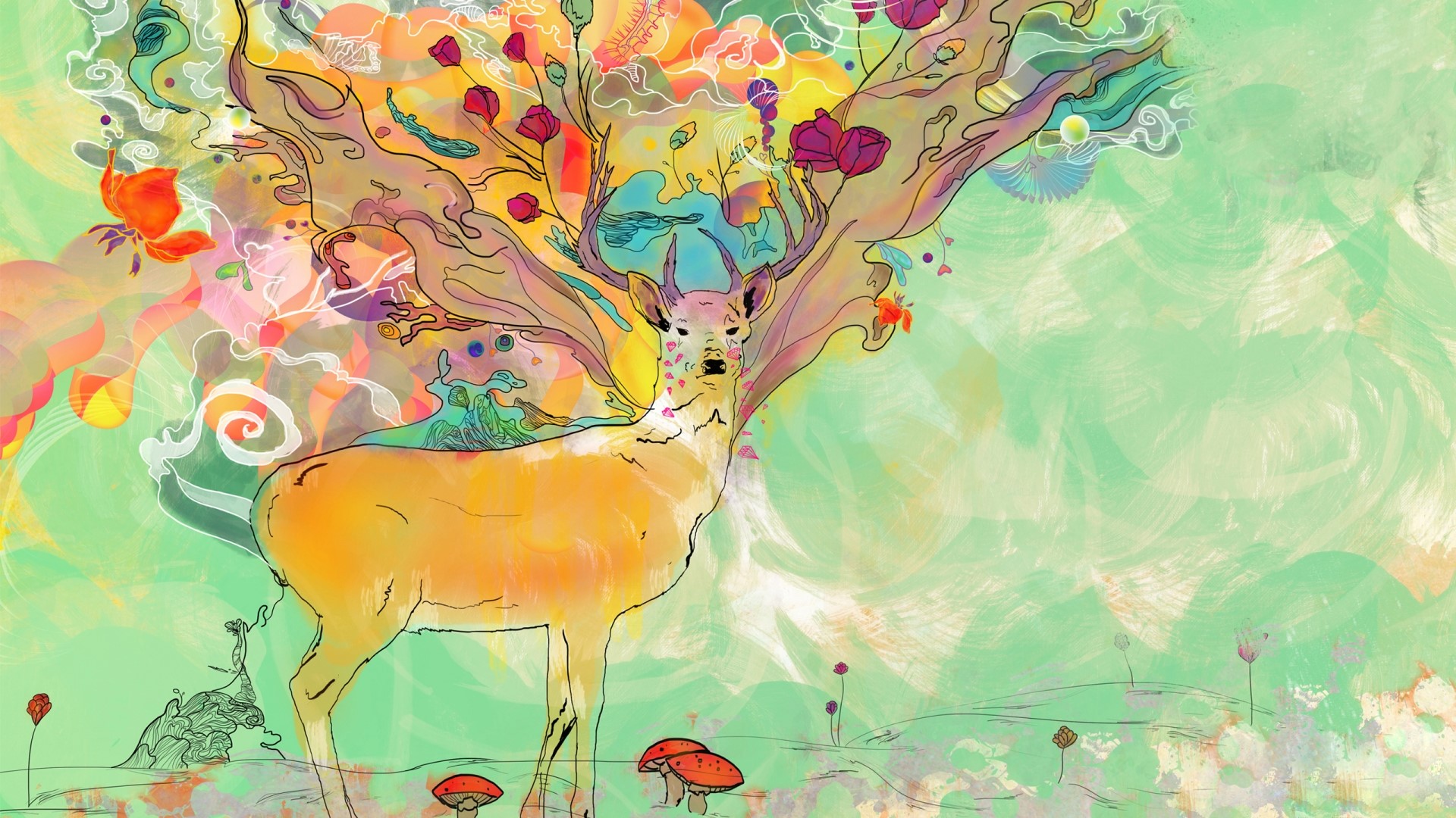 Deer with floral antlers on a green background HD Wallpaper