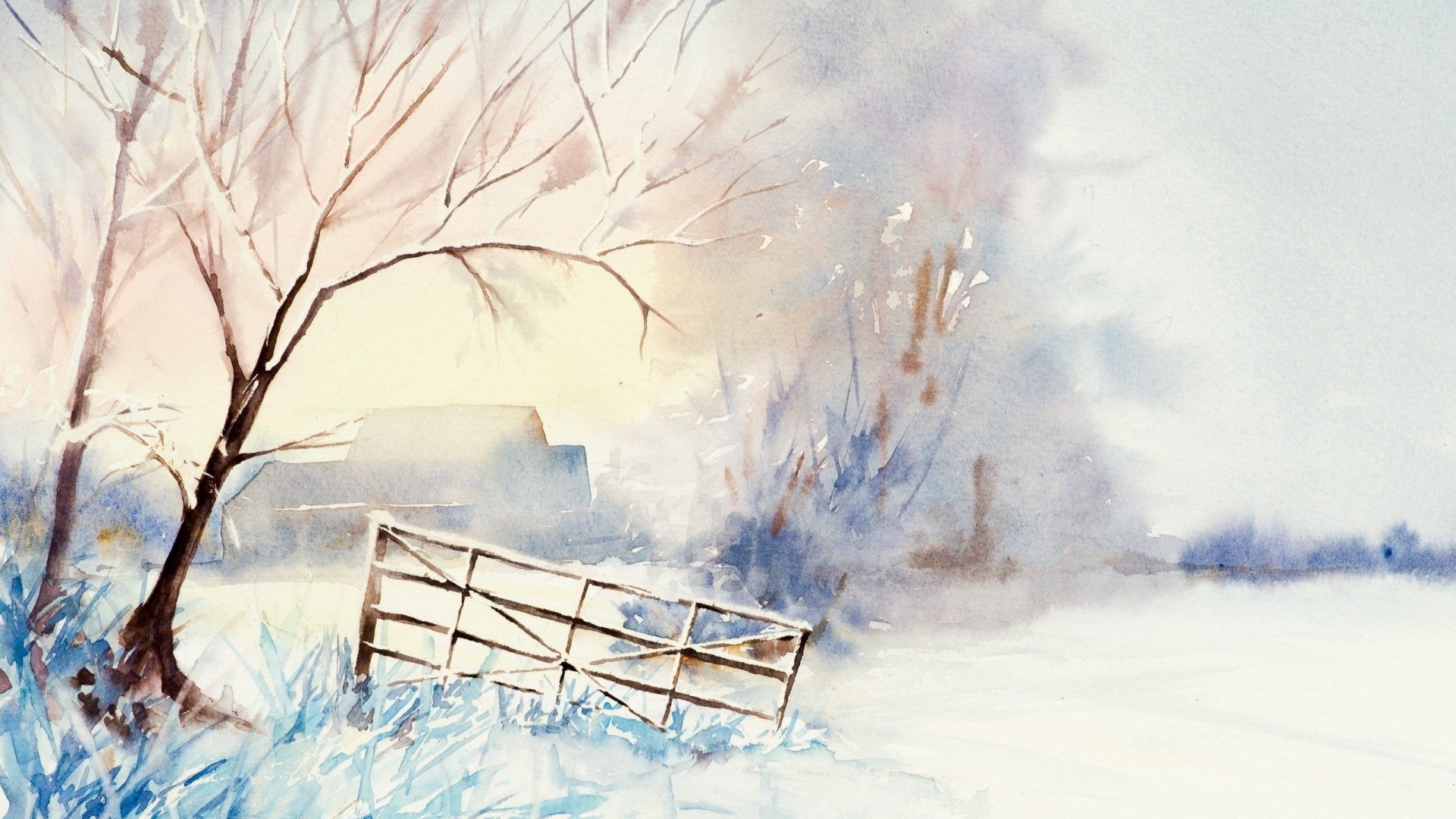 Watercolor painting of a winter landscape with a gate HD Wallpaper
