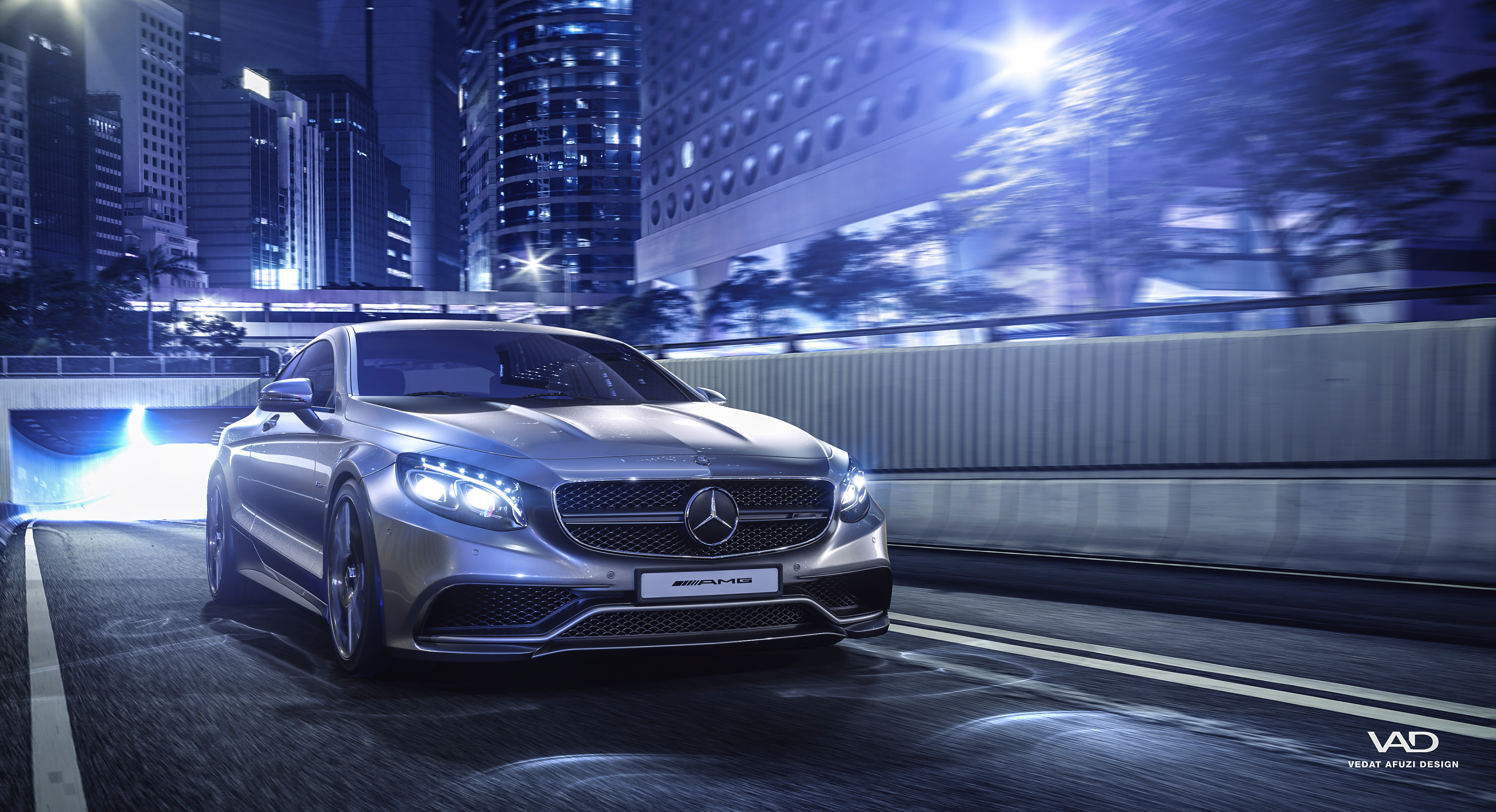 Mercedes-AMG S63 Coupe driving through city at night, 4K HD Wallpaper