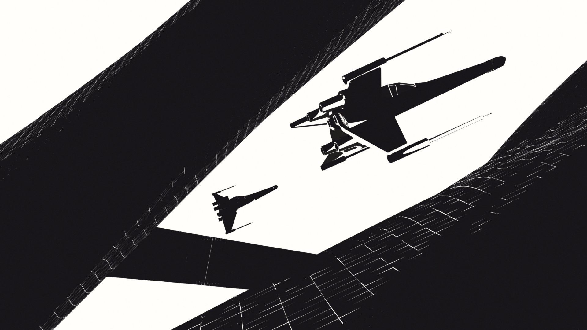 Two X-wing starfighters flying through a futuristic city HD Wallpaper