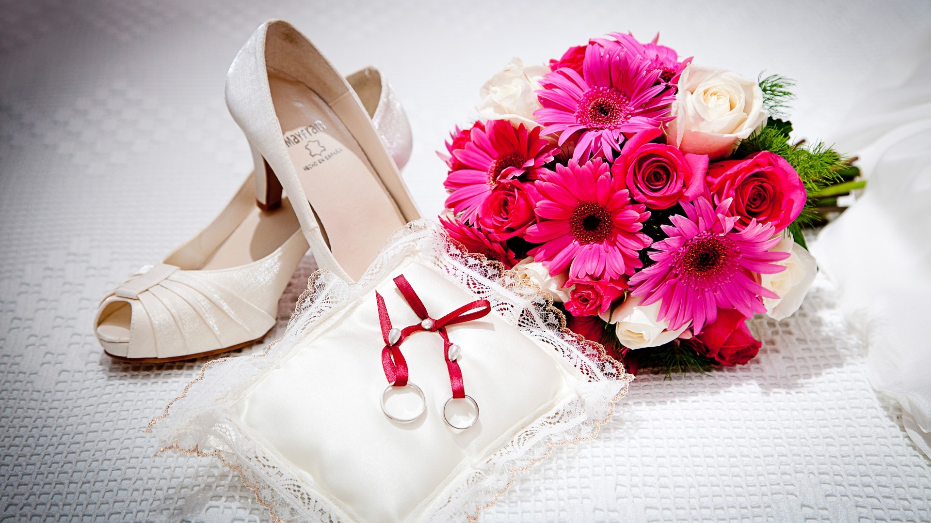 Wedding Shoes, Rings, and Bouquet HD Wallpaper