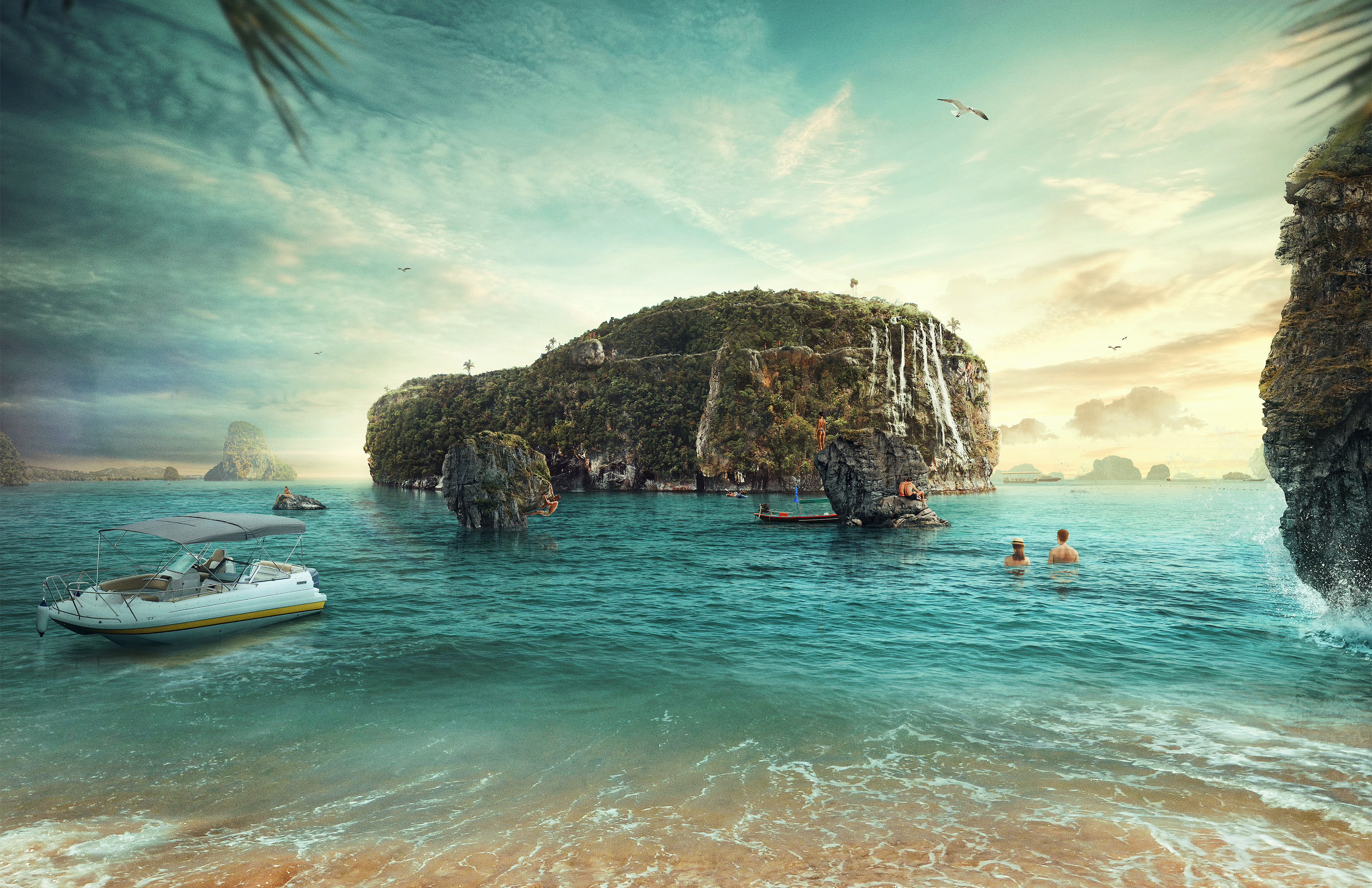 Boat and people swimming near tropical islands HD Wallpaper