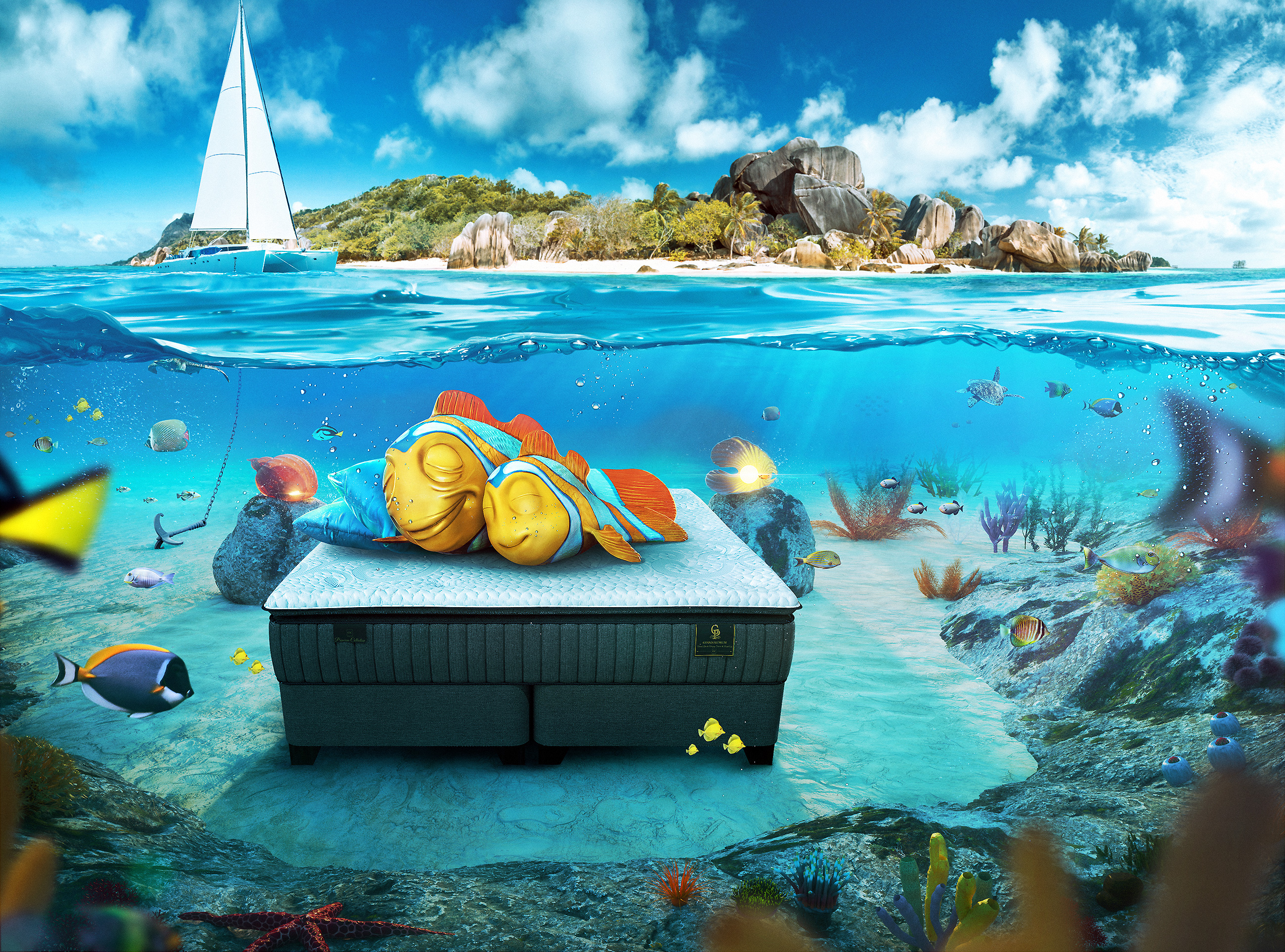 Underwater mattress with sleeping clownfish near island HD Wallpaper