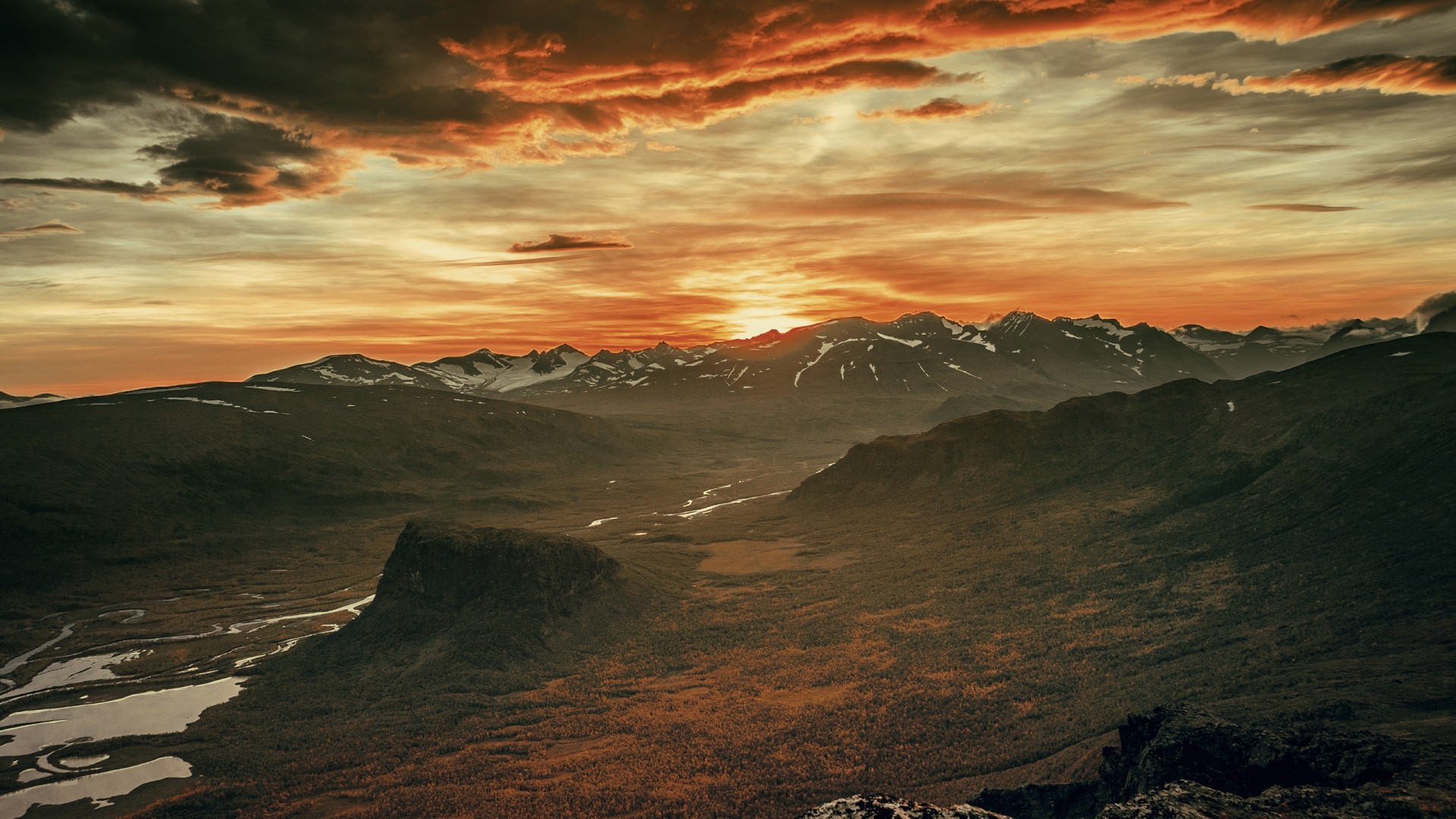Mountain Valley at Sunset with Fiery Clouds HD Wallpaper