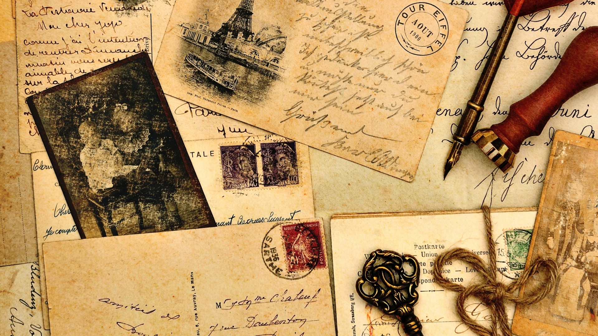 Vintage postcards and letters with a fountain pen and wax seal HD Wallpaper