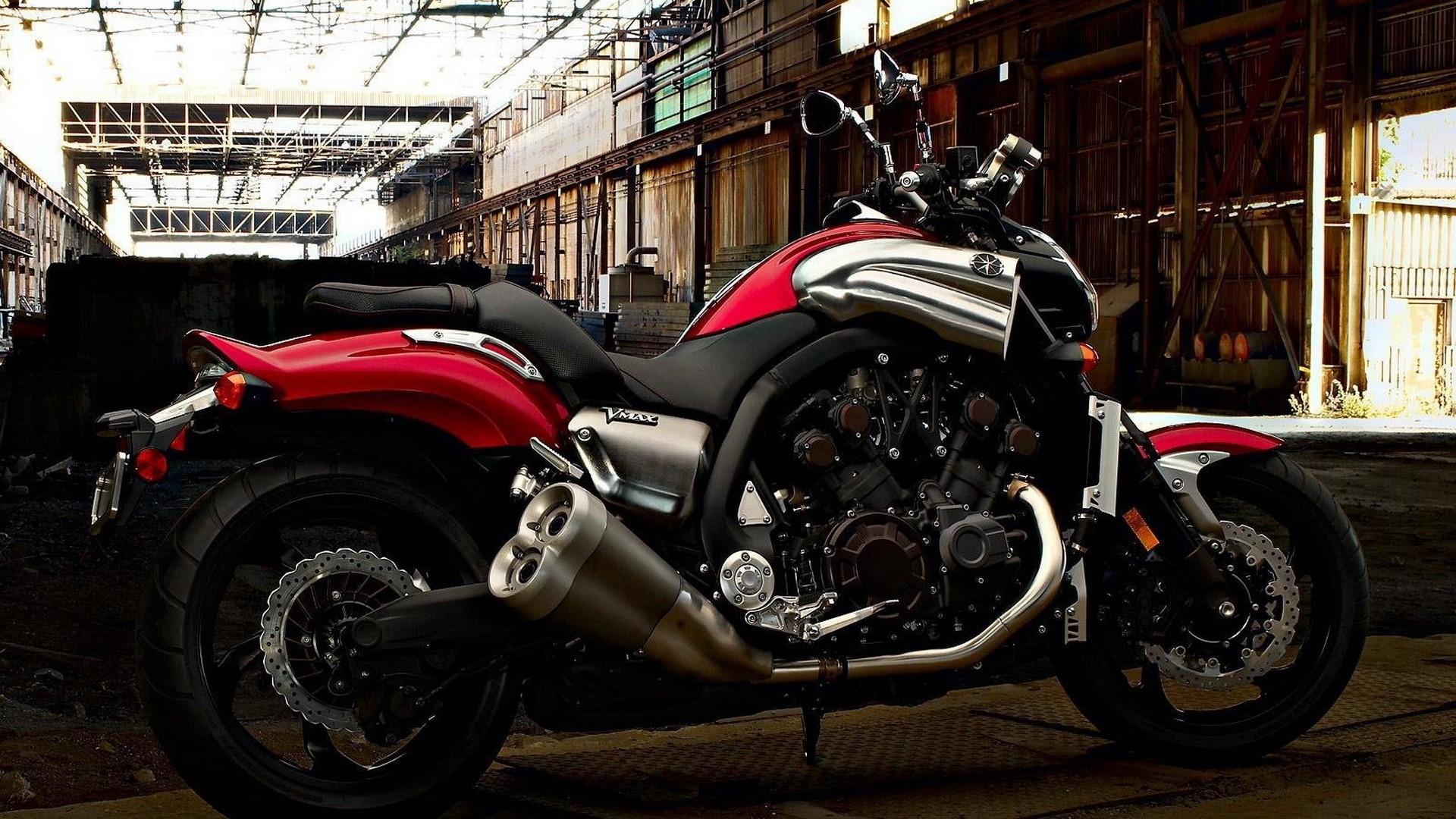 Red Yamaha VMAX motorcycle in industrial building HD Wallpaper