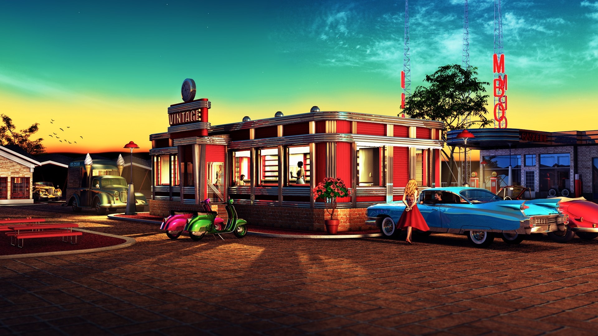 Vintage Diner with Classic Cars and Scooters HD Wallpaper