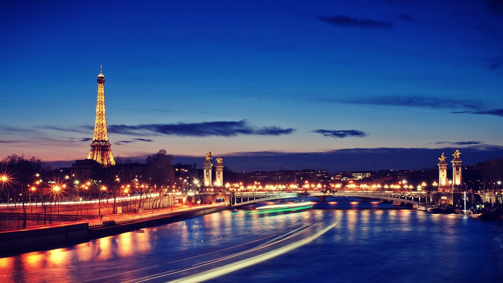 Eiffel Tower and Seine River at Night in Paris HD Wallpaper
