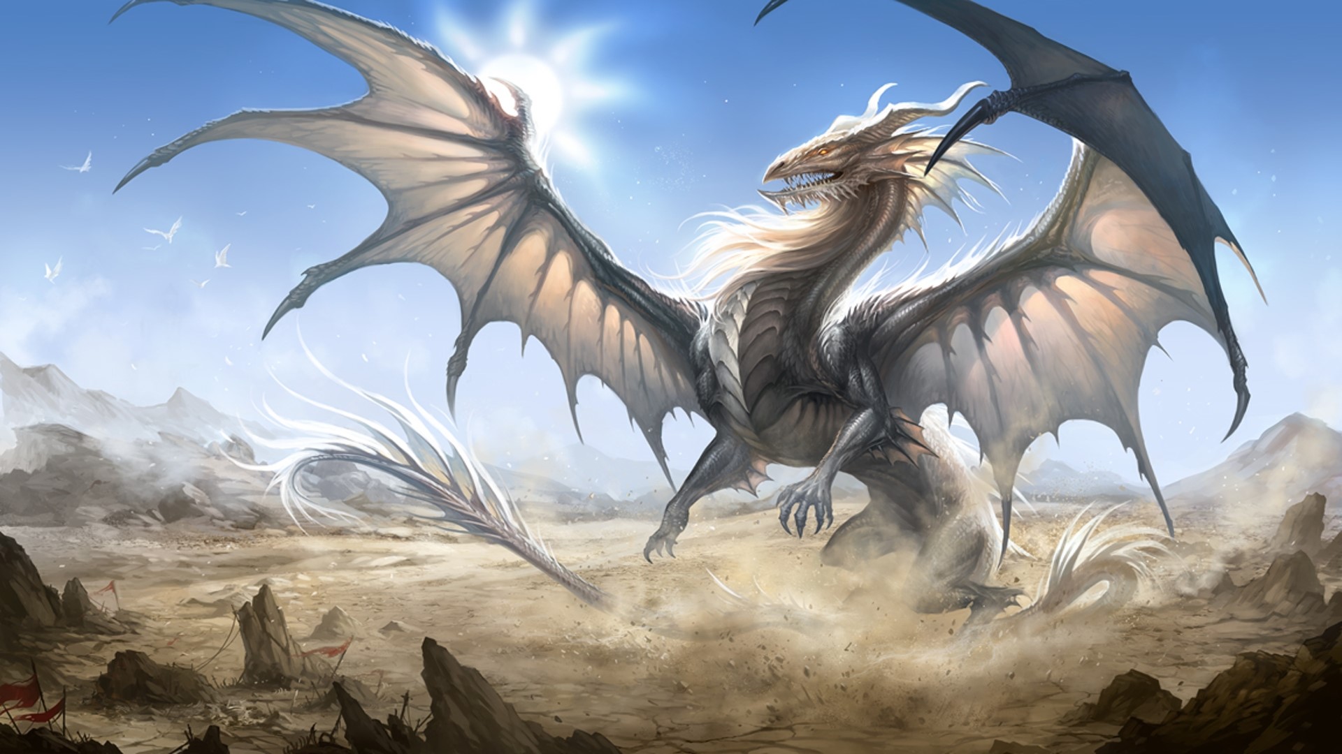 A majestic white dragon in a desert landscape HD Wallpaper