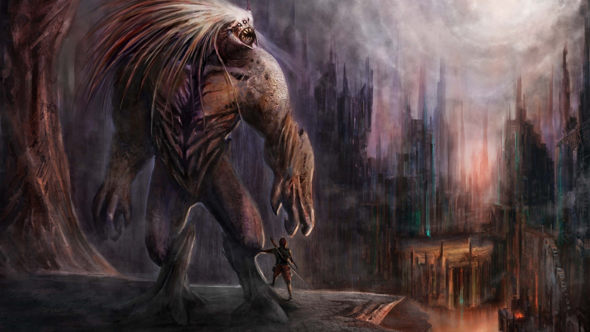Giant Monster and Warrior in Fantasy City HD Wallpaper