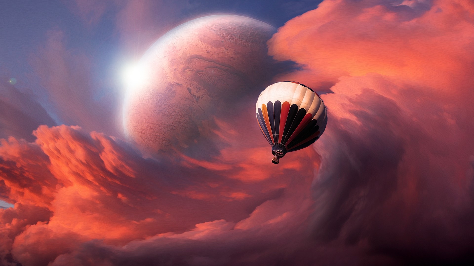 Hot air balloon near a planet and clouds HD Wallpaper