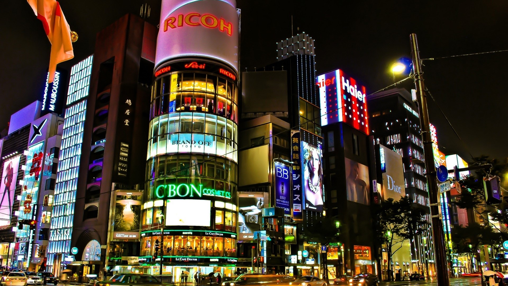 Tokyo City at Night with Ricoh and Haier Signs HD Wallpaper