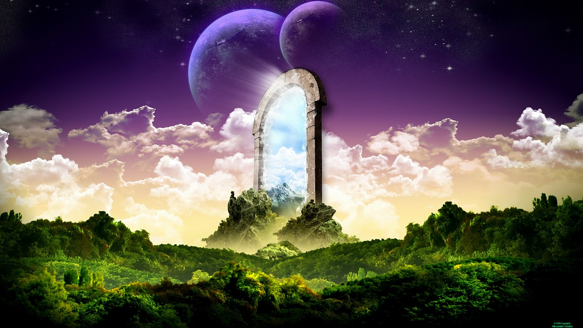 Portal to a fantasy world with planets HD Wallpaper