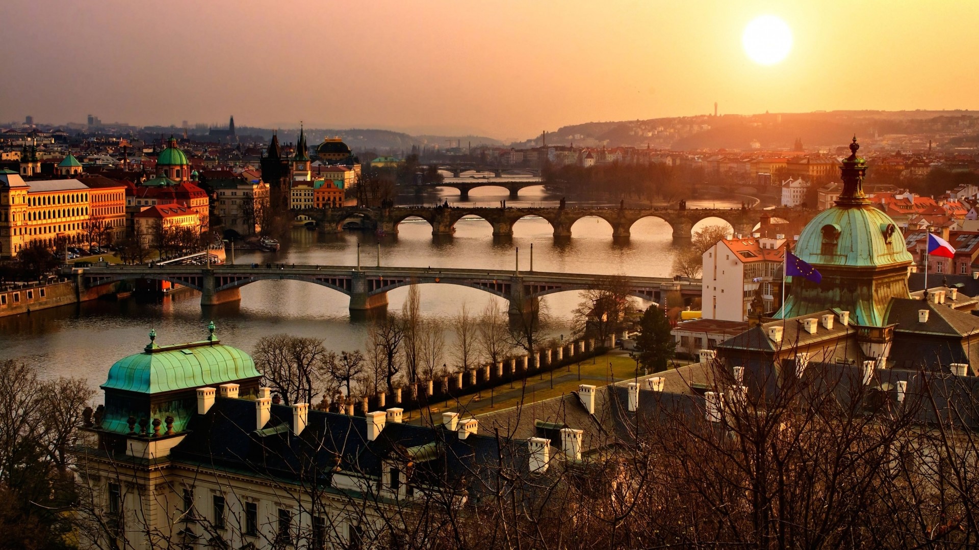 Vltava River and Bridges in Prague at Sunset HD Wallpaper