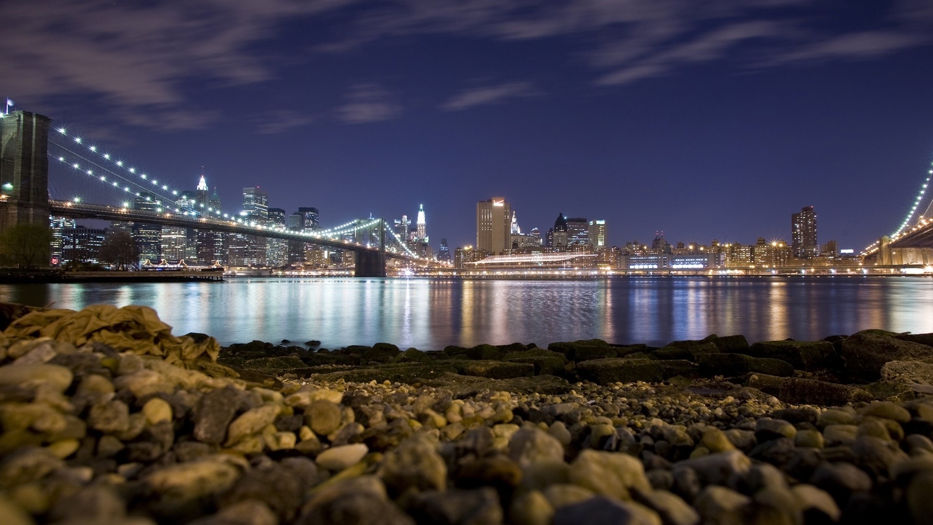 Brooklyn Bridge and Manhattan Skyline at Night HD Wallpaper