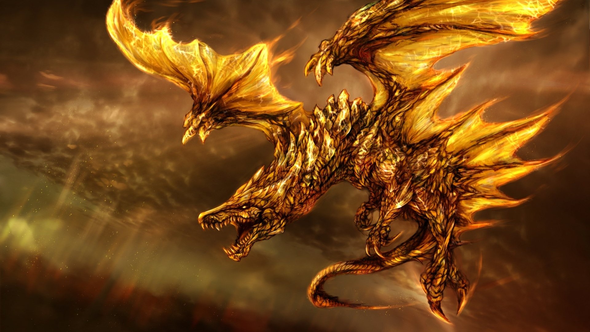 Golden Dragon Breathing Fire in a Cloudy Sky HD Wallpaper