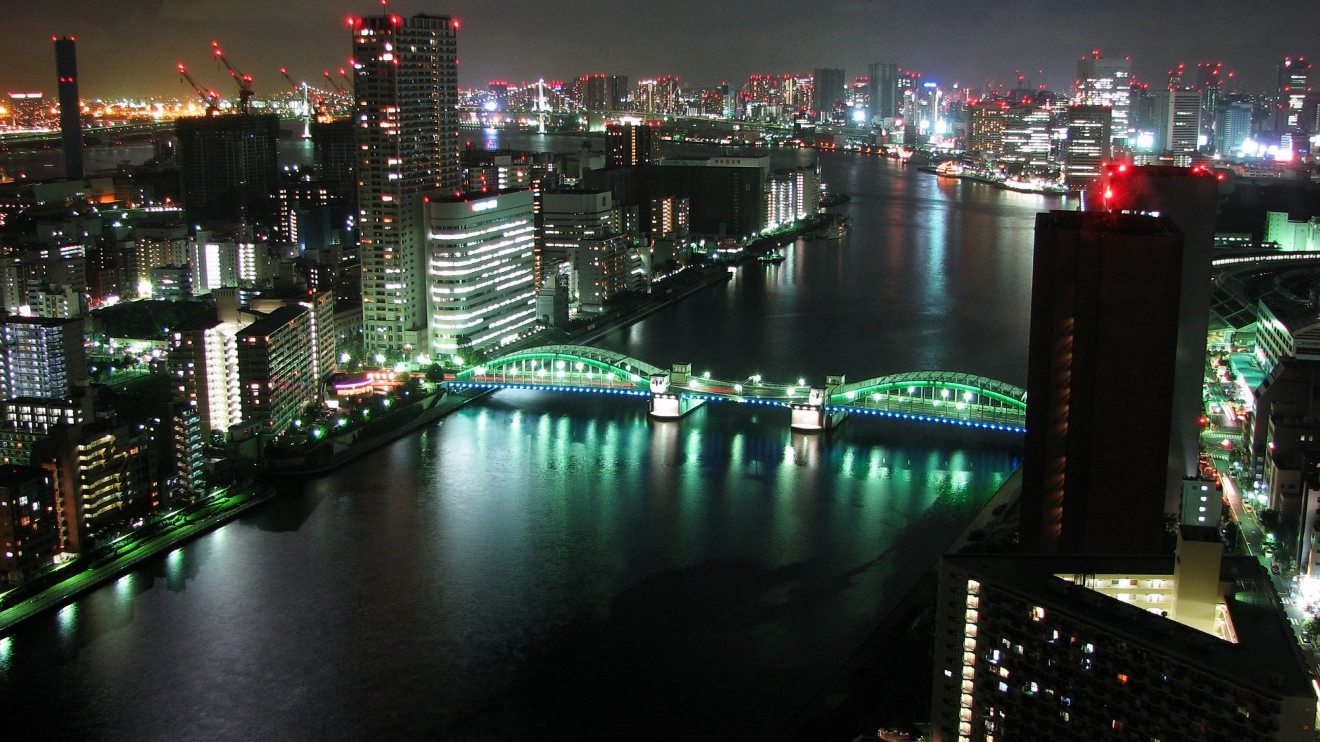 Tokyo cityscape with illuminated bridge at night HD Wallpaper