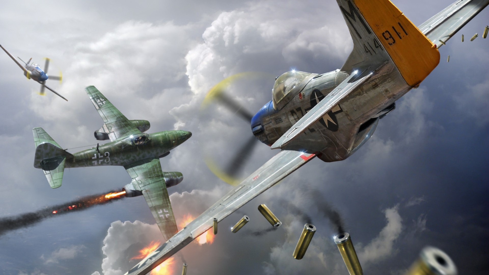 World War II dogfight between P-51 Mustang and Me 262 HD Wallpaper