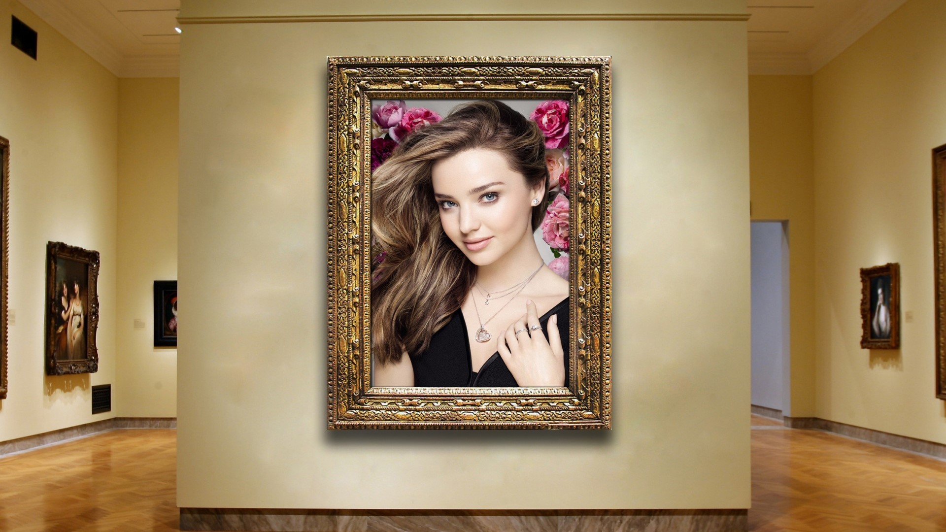 Miranda Kerr in a golden frame with flowers HD Wallpaper