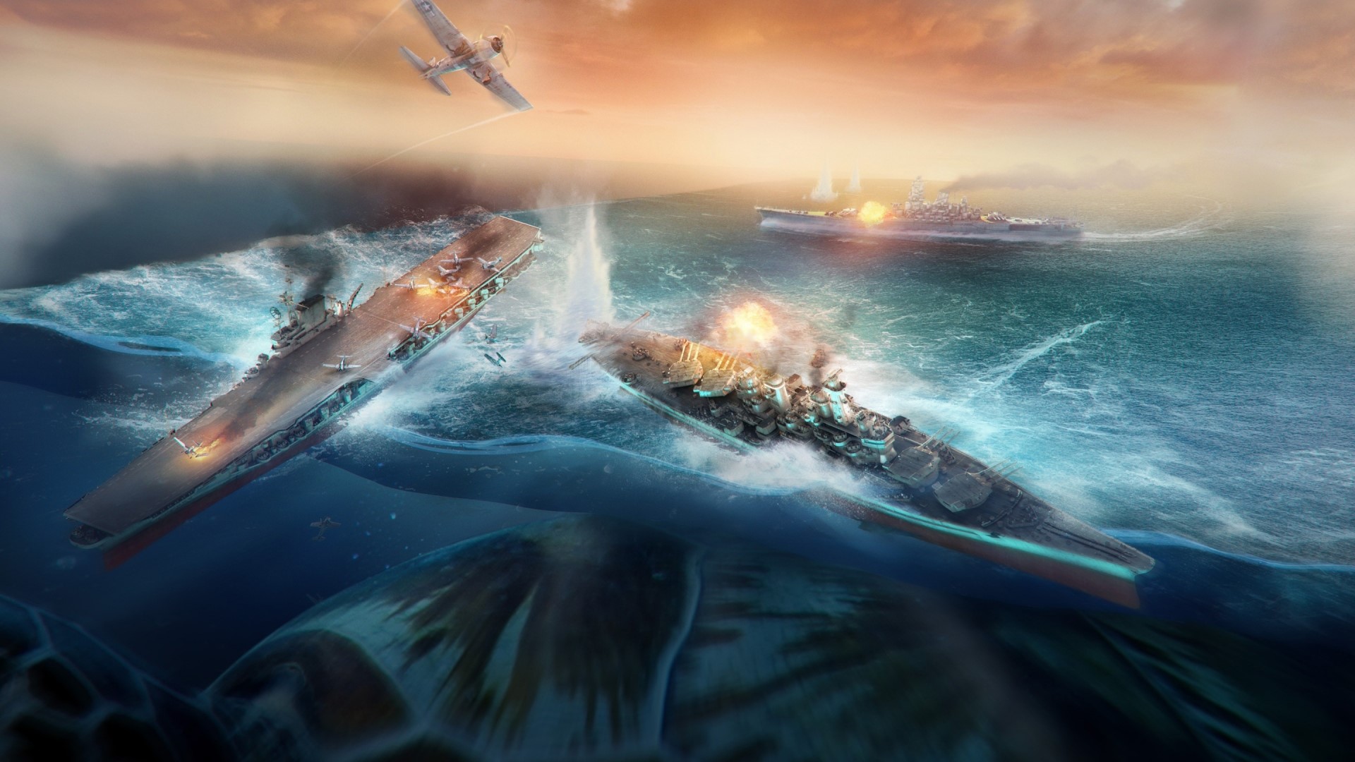 World of Warships aircraft carrier battle 4K HD Wallpaper