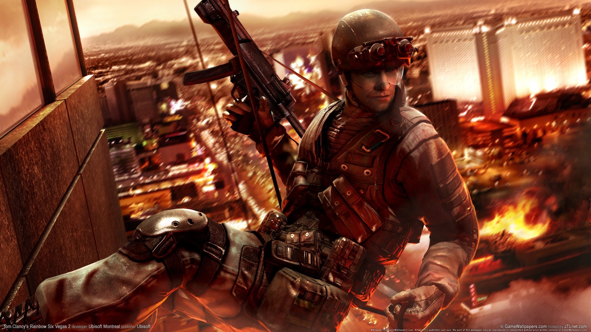 Soldier rappelling down a building in Tom Clancy's Rainbow Six Vegas 2 HD Wallpaper