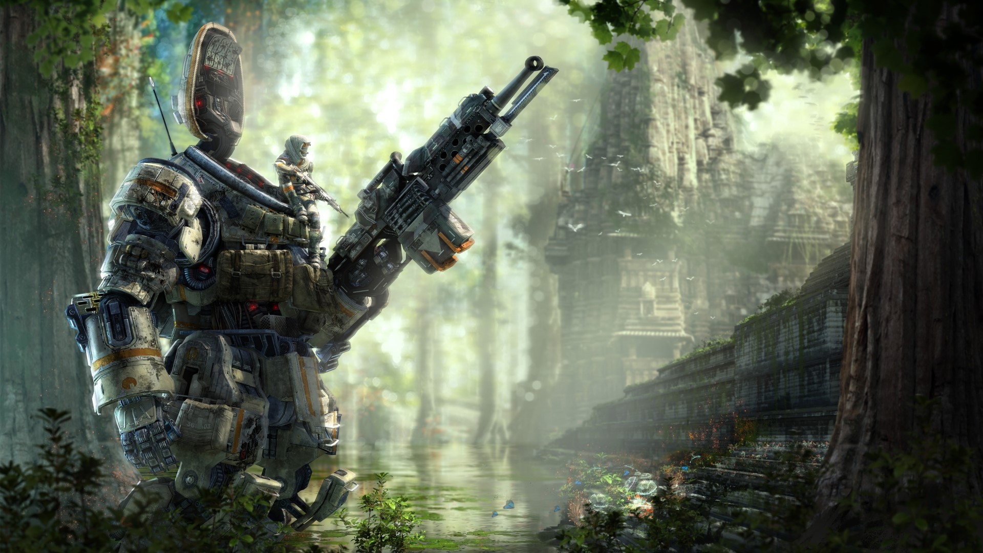 Titanfall Expedition Mech and Pilot in Jungle Ruins HD Wallpaper