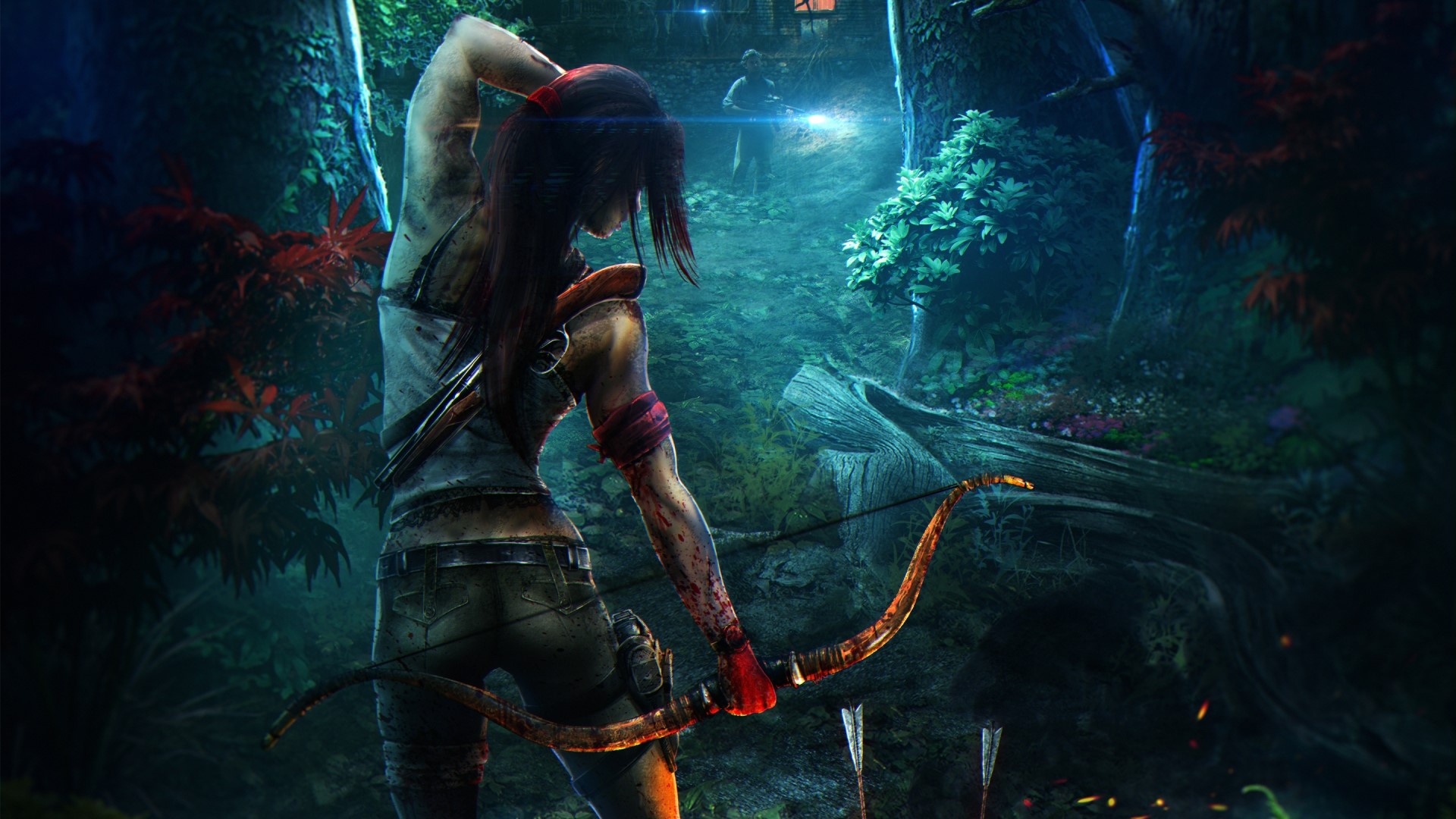 Lara Croft from Tomb Raider with bow in forest HD Wallpaper