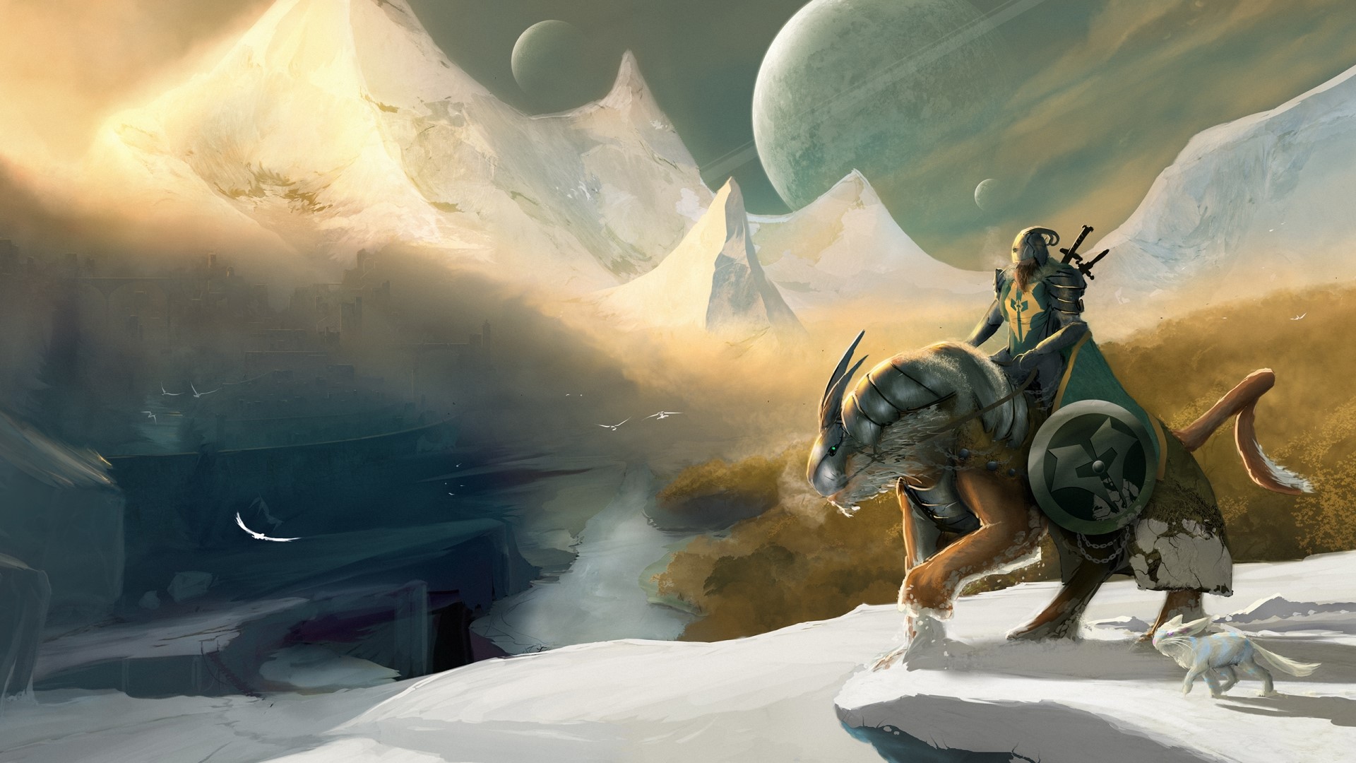 Knight riding a beast in a snowy alien landscape HD Wallpaper