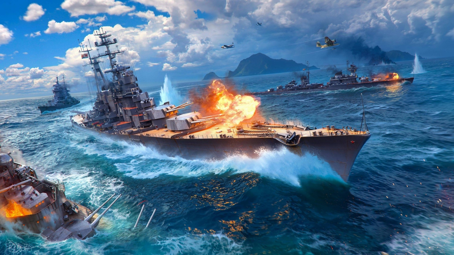 World of Warships naval battle with explosions and aircraft HD Wallpaper