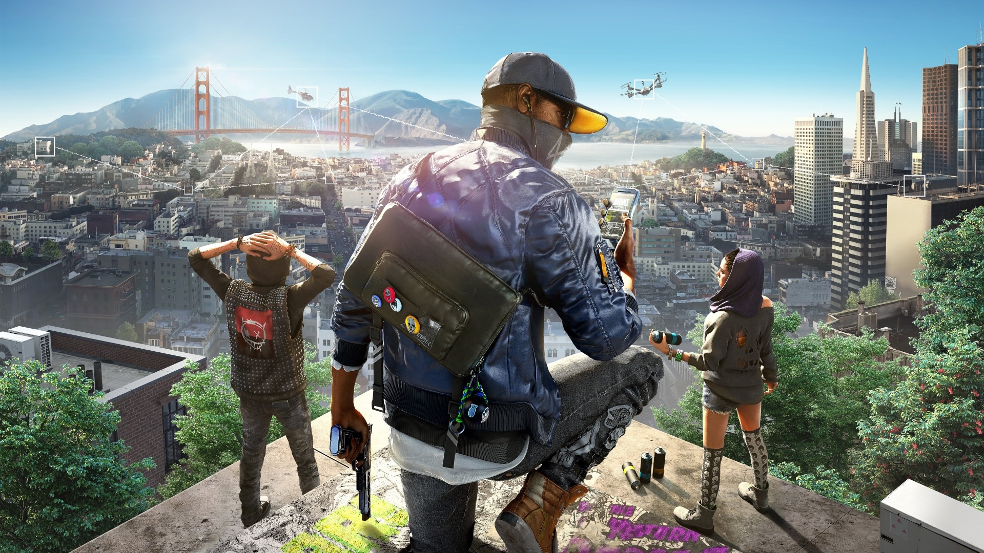 Watch Dogs 2 characters overlooking San Francisco HD Wallpaper
