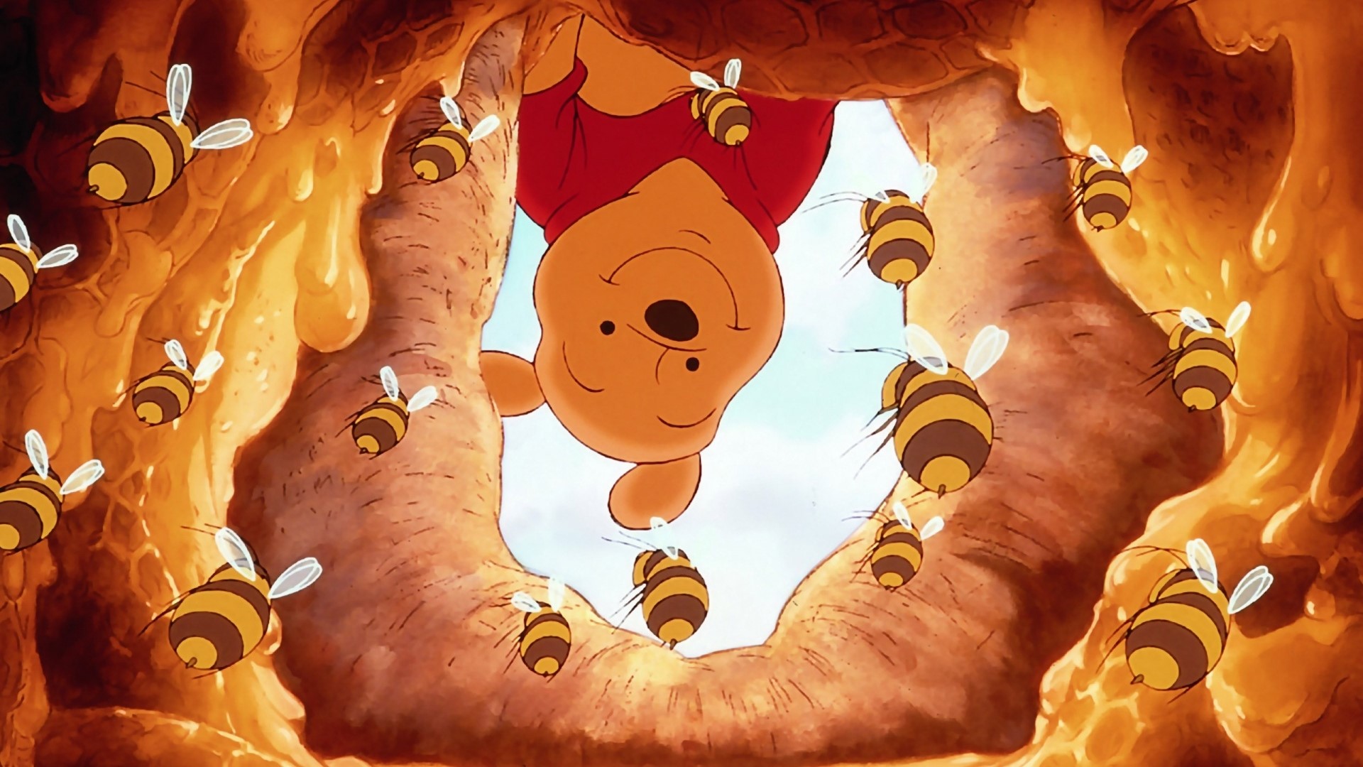Winnie the Pooh and bees in a beehive HD Wallpaper
