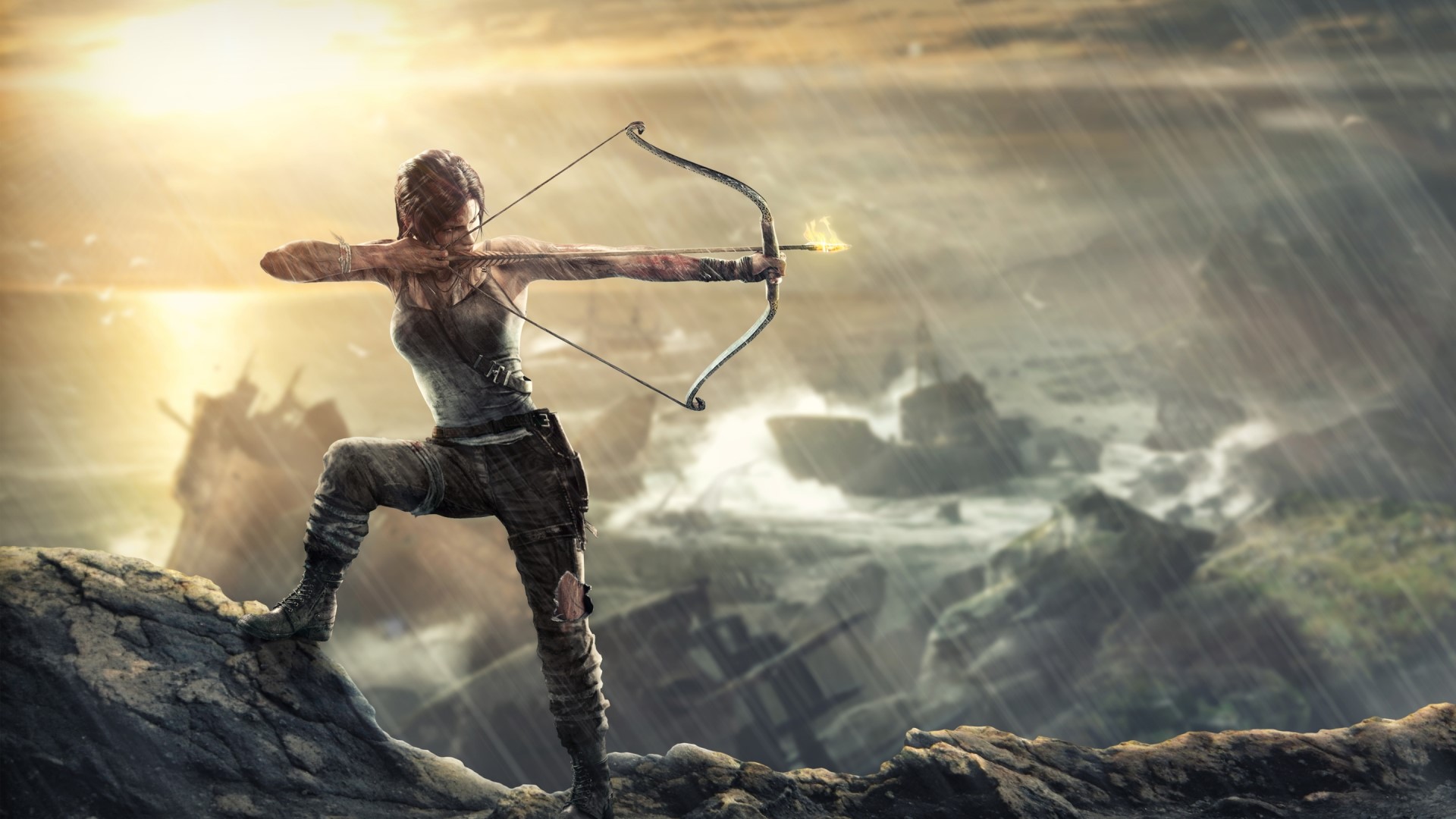 Lara Croft from Tomb Raider aiming a bow HD Wallpaper