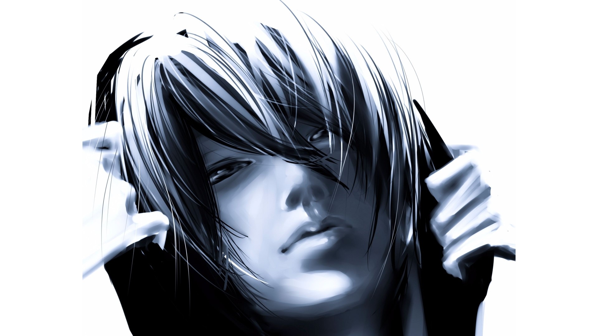 Anime character with dark hair and blue tint HD Wallpaper