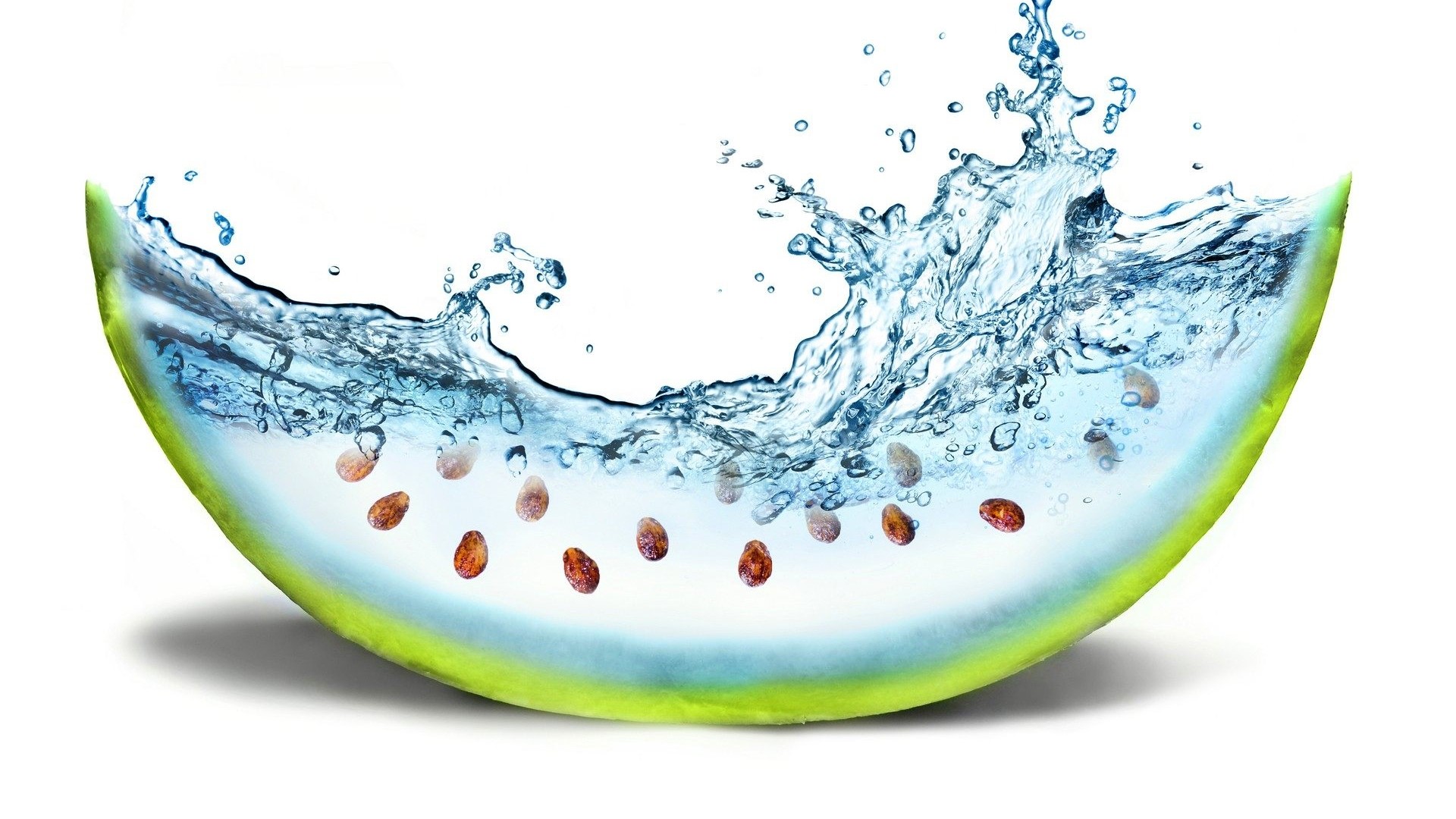 Watermelon slice with splashing water and seeds HD Wallpaper