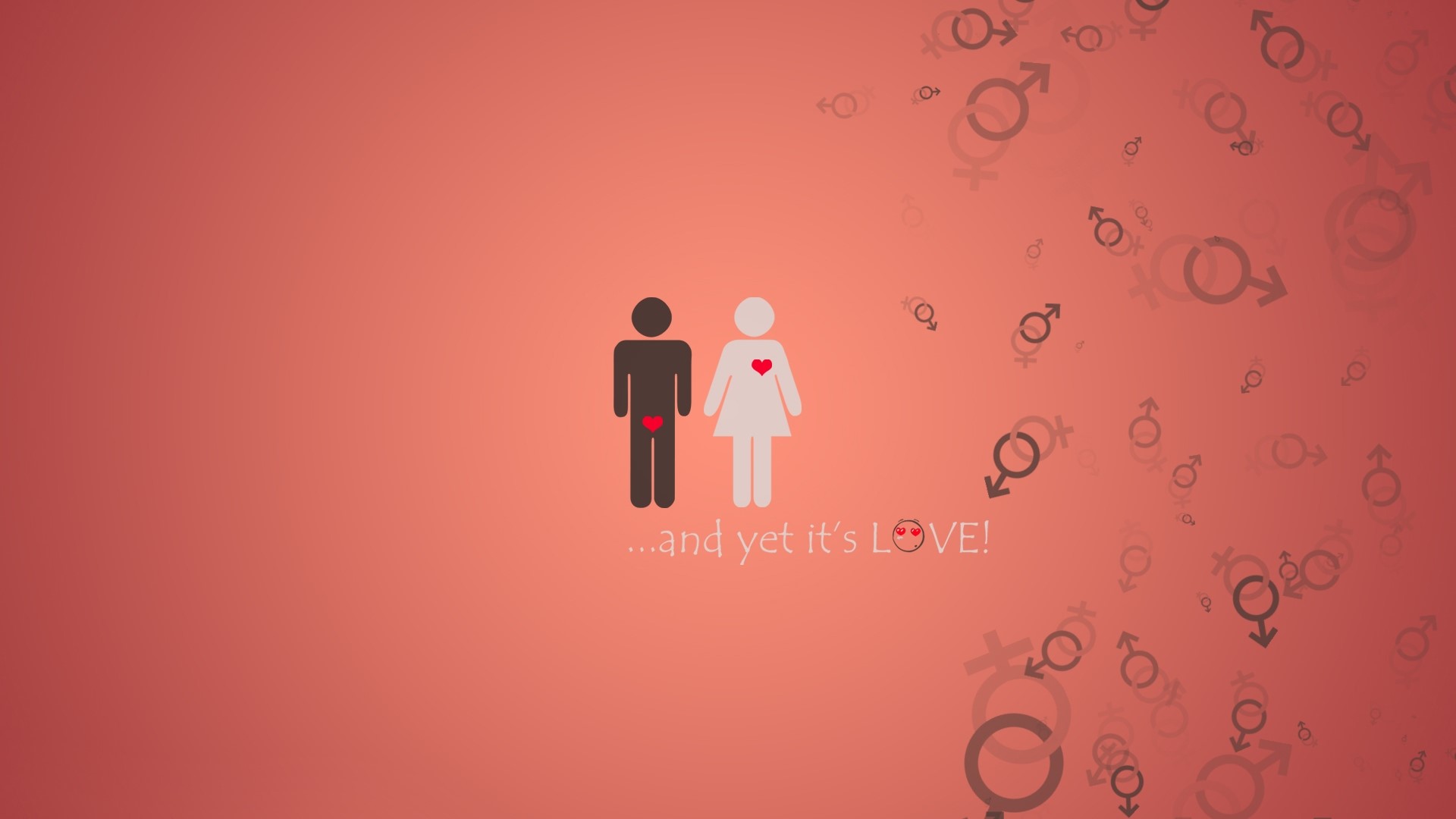 Silhouettes of a couple with hearts and gender symbols HD Wallpaper