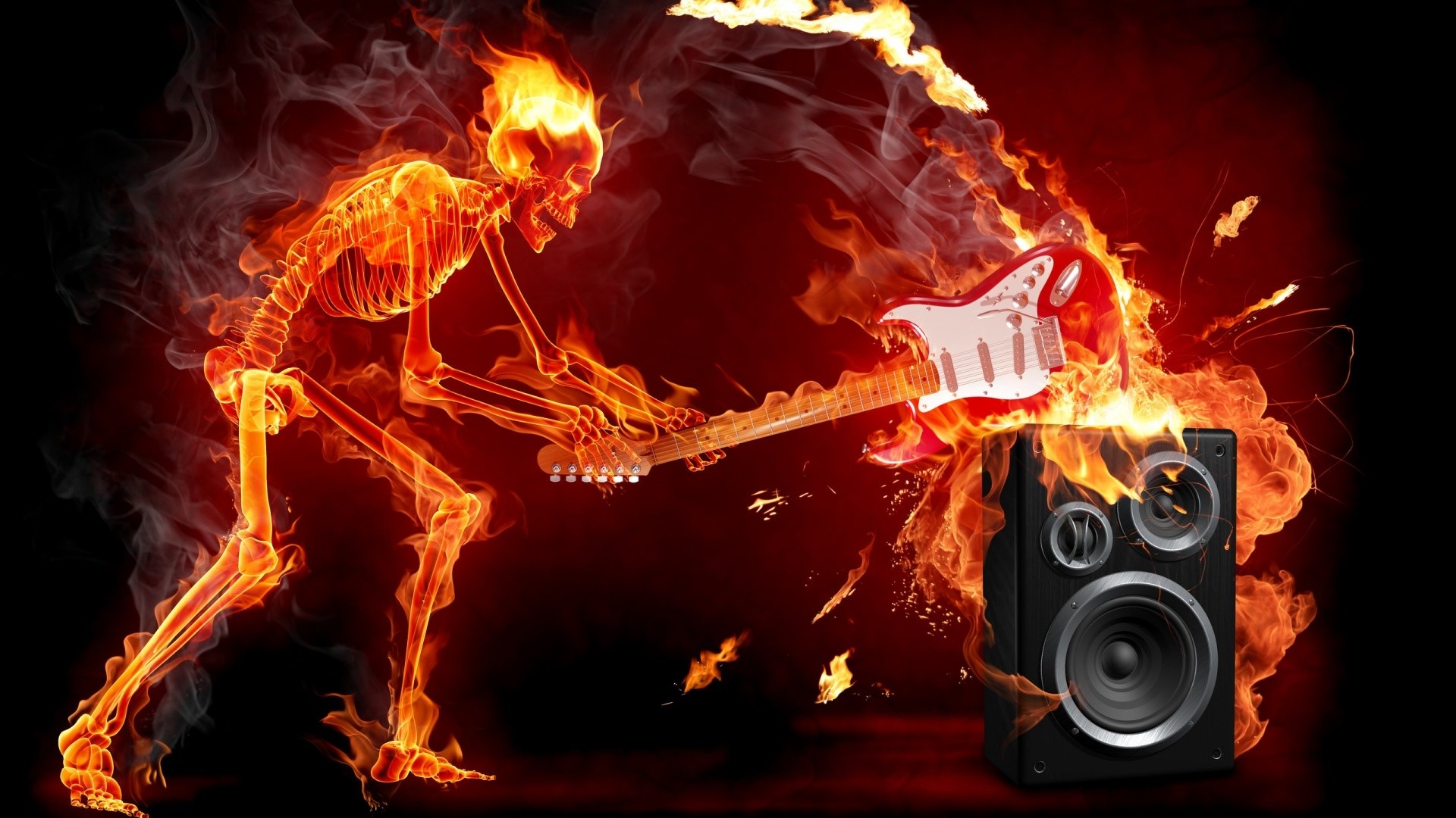 Skeleton playing guitar on fire with speaker HD Wallpaper