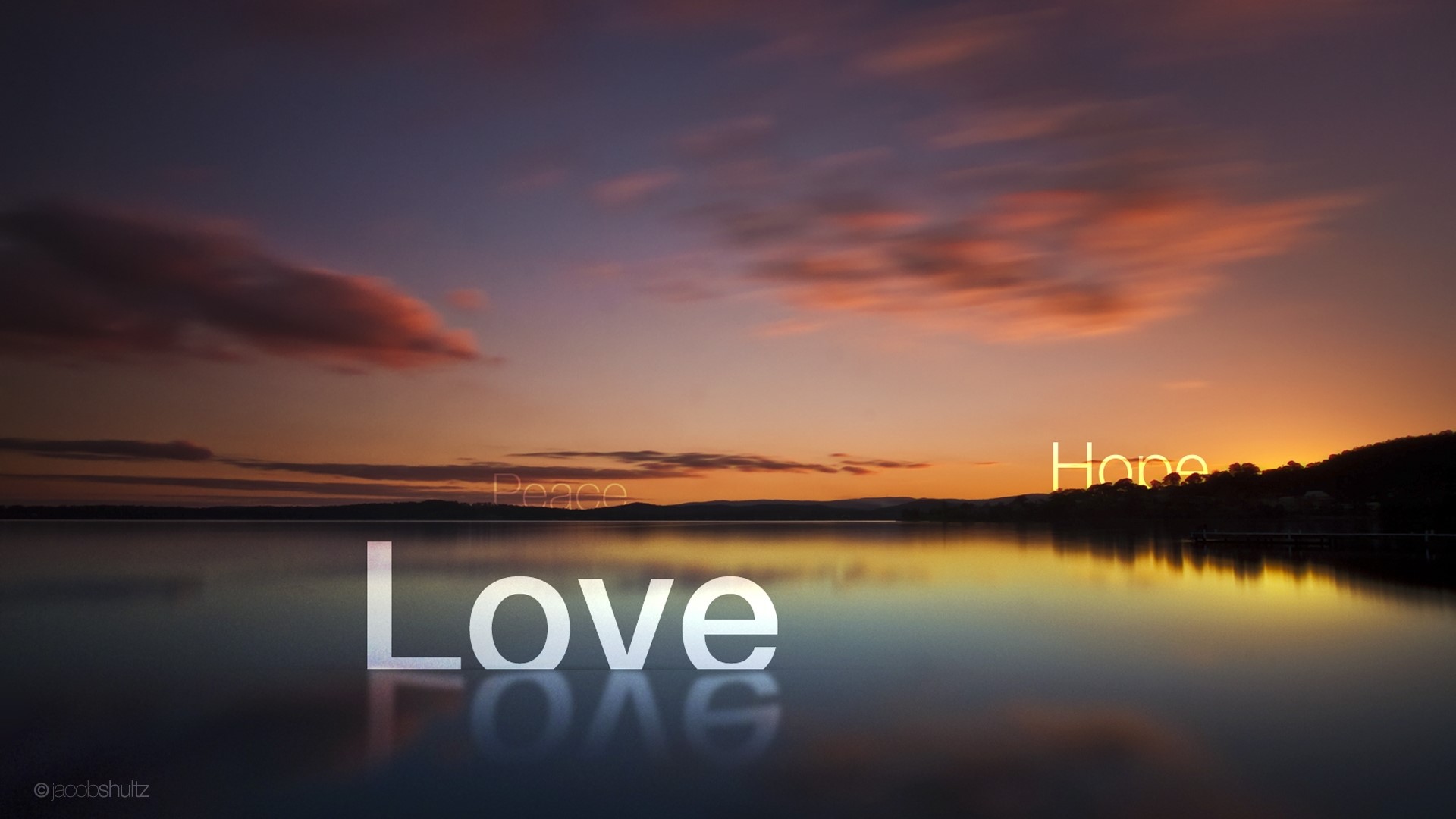 Love Peace Hope words over lake at sunset HD Wallpaper