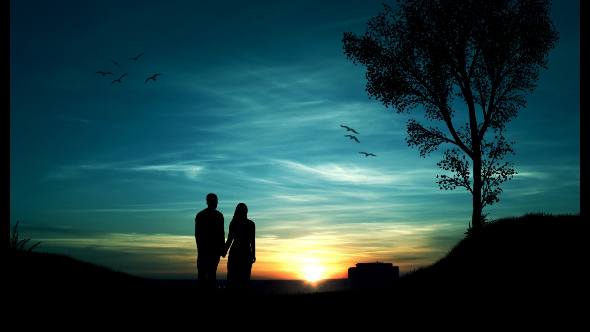 Couple holding hands at sunset with birds flying HD Wallpaper