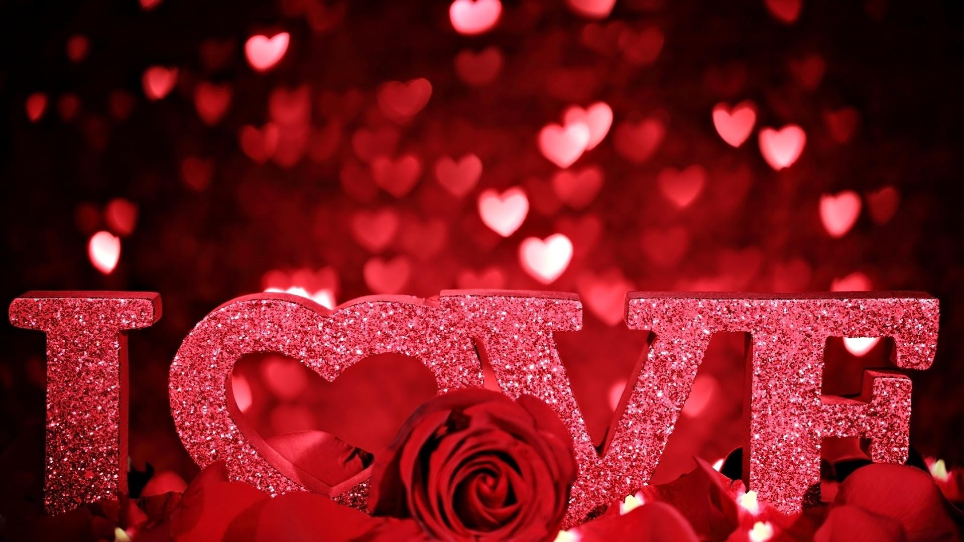 Red Glitter "LOVE" Letters with Rose and Heart Bokeh HD Wallpaper