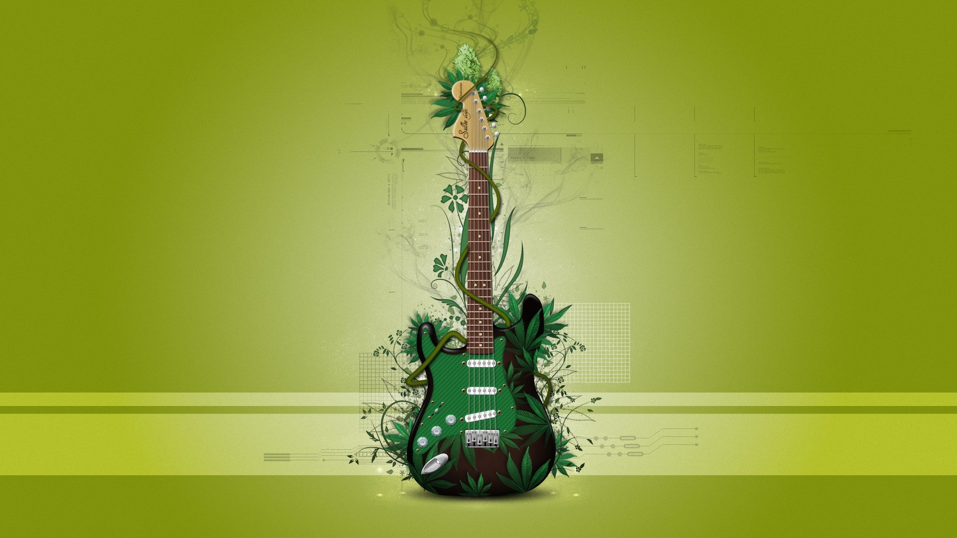 Green guitar with plants and abstract elements HD Wallpaper